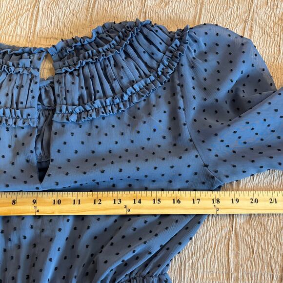 Sandro Paris Blue Smocked Mini Dress Sheer Polka Dot Ruffle Long Sleeve Small - Picture 8 of 12